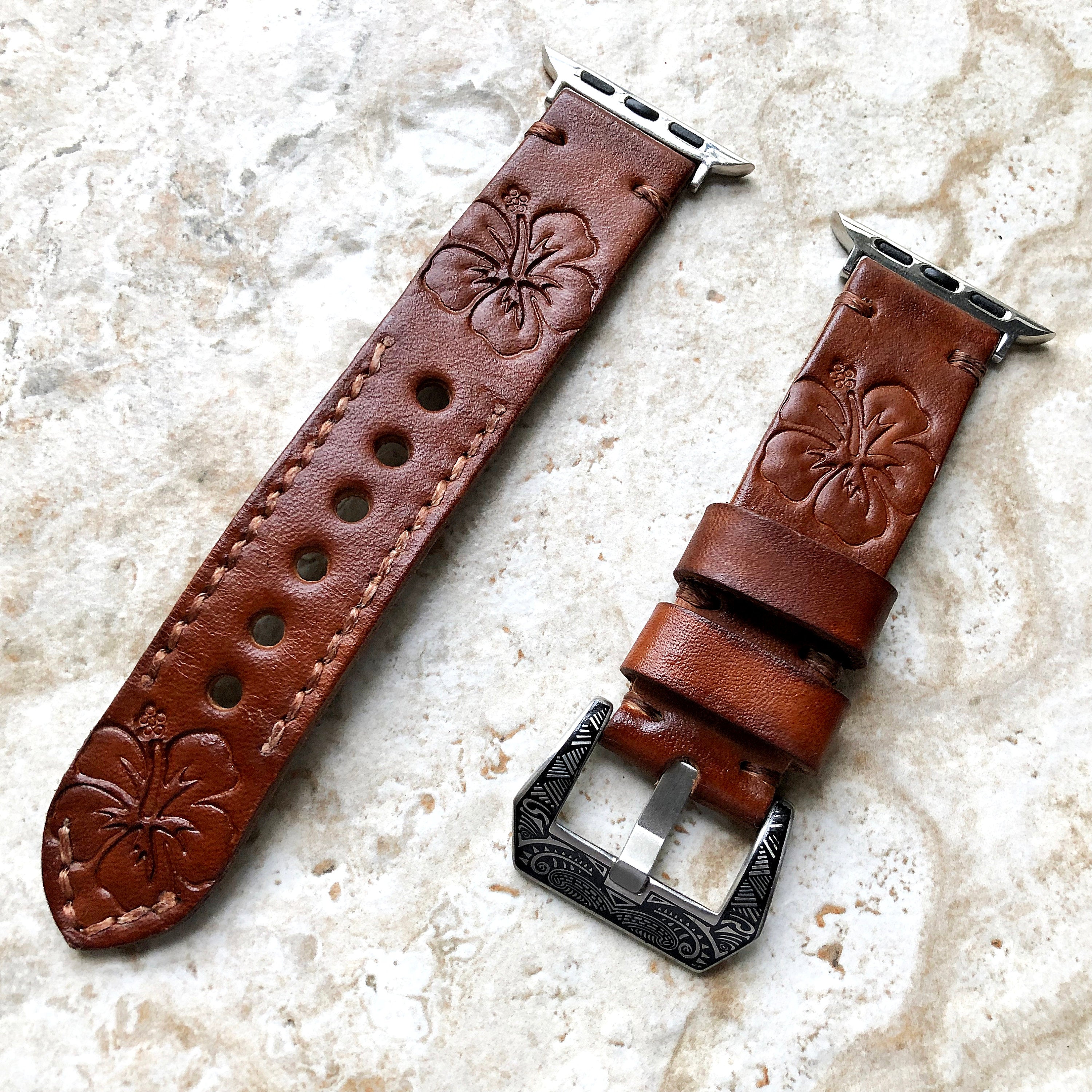 Apple Watch Leather Band Orchid Flower for iWatch Ultra 2 49mm and 9 8 Series 41mm 45mm Case Tooled Embossed Brown Handmade Strap Bracelet